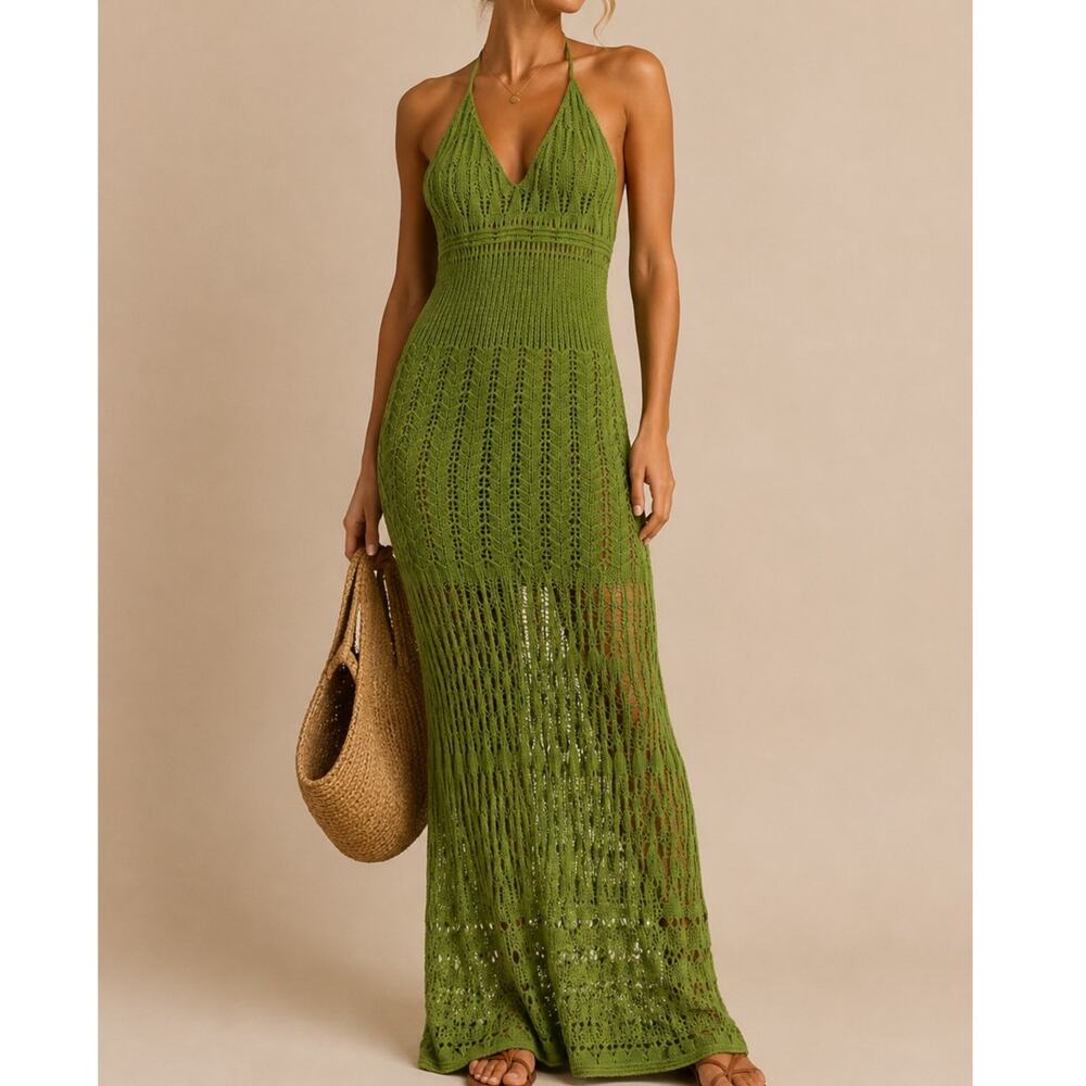 ALOHAS Gabrielle Crochet Knit Maxi Dress Size Medium Green Resort Beach Vacation